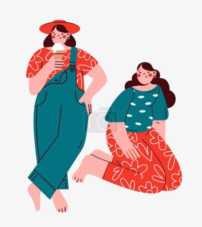 Illustration for Two young women in different poses. Girl with ice cream. Creative quirky flat illustration with stylish girls. Doodle style. For web design, banner, poster, card. Leisure, relax, summer concept. - Royalty Free Image