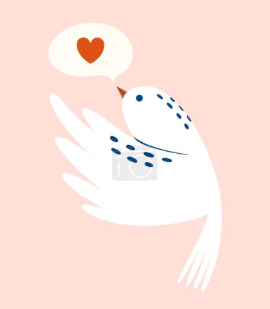 Illustration for Cute flying bird with bubble speech and heart. Clipart in pastel shades with singing birdie for card, valentine's, sticker, banner, print, badge. Cartoon romantic character. - Royalty Free Image