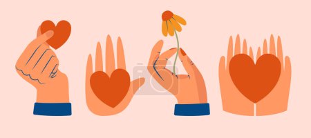 Illustration for Set of hands holding stuff, hearts, flowers. Cute cartoon cliparts with different gestures. Hand drawn modern vector illustrations. Kindness, support, self-care, volunteering, humanism concept. - Royalty Free Image