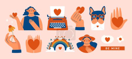 Illustration for Creative Valentine's Day cliparts. Romantic modern vector illustrations with women, girl holding heart, hand holding flower, french bulldog holding love mail, vintage typewriter with page, rainbow. - Royalty Free Image