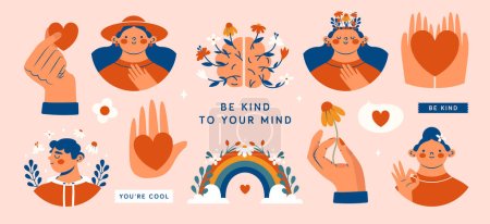 Mental health support. Hand drawn set of vector illustrations with various people, young persons, hands, heart, rainbow, brain, flowers, labels. Modern minimal clip arts with funny characters.