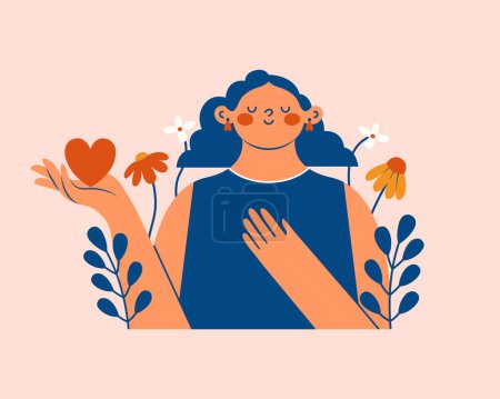 Illustration for Clip art with young woman holding heart in hand and presses her hand to her chest. Cartoon comic girl with flowers, plants. Funny illustration for sticker, poster. Mental health support concept. - Royalty Free Image