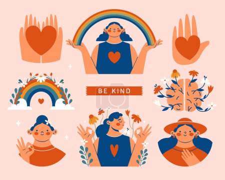 Illustration for Mental health support. Hand drawn set of vector illustrations with women, young persons, hands, heart, rainbow, brain, flowers, labels. Modern minimal stickers, clip arts with funny characters. - Royalty Free Image