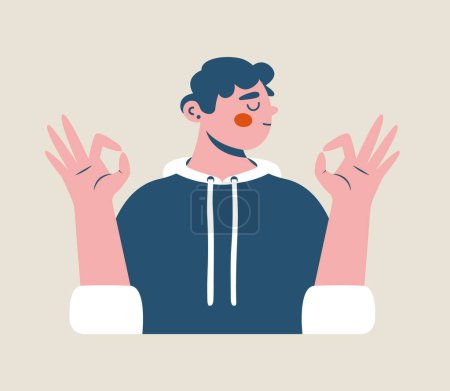 Illustration for Young man in hoodie shows ok gesture with hands. Clip art with cartoon cute boy with closed eyes. Funny illustration for poster, card, banner, sticker. Mental health support, self care concept. - Royalty Free Image