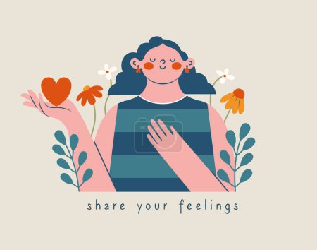 Illustration for Single cute woman holding heart in hand. Cartoon comic girl with flowers, plants, motivational text "share your feelings". Funny illustration for sticker, poster. Mental health support concept. - Royalty Free Image