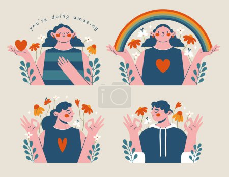 Illustration for Mental health support concept. Set of cute clip arts with women, man, okay gesture, rainbow, text, flowers, heart. Modern pesons, who holding rainbow and show okay gest. Psychological health support. - Royalty Free Image