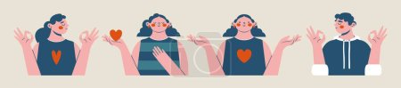 Illustration for Modern abstract persons. Man, women, who showing OK gesture, holding heart in hand, spreading hands, holding chest with hand. Mental health support concept. Flat comic clip arts. Funny quirky people. - Royalty Free Image
