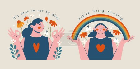 Illustration for Mental health support concept. Set of cute clip arts with women, okay gesture, rainbow, text, flowers, plants. Modern pesons, who holding rainbow and show okay gest. Psychological health support. - Royalty Free Image