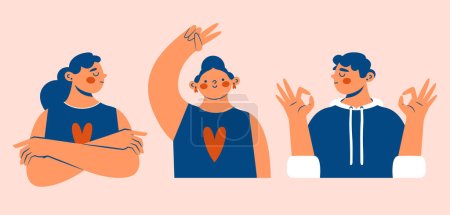 Illustration for Various cute women and men. Young persons gesturing with different emotions. Funny isolated characters. Cartoon style. Girl with crossed arms, v-sign, peace sign, ok gesture. Hand drawn illustration. - Royalty Free Image
