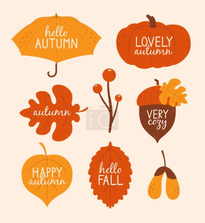 Illustration for Hand drawn collection of autumn badges, labels, stickers. Cute and cozy cliparts with umbrella, acorn, oak leaf, pumpkin, berry. Modern illustrations in flat minimal style. Hello autumn, fall concept. - Royalty Free Image