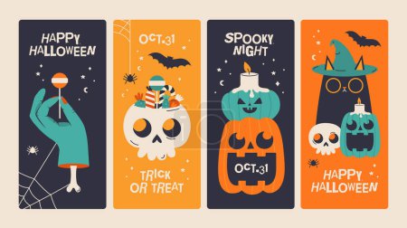 Illustration for Halloween card collection. Set of vertical banners, instagram stories, invitation in flat modern style. Cute illustration with pumpkin, cat, bat, hand, bone, witch hat, skull, candy, text. - Royalty Free Image