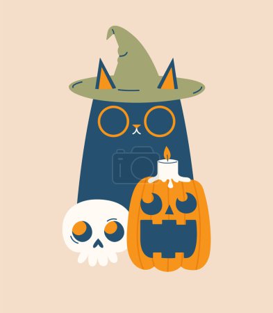 Illustration for Creative cartoon clipart for Halloween with sitting black cat in witch hat with skull, pumpkin and candle. Cute hand drawn sticker, badge, label, illustration. Happy Halloween concept. - Royalty Free Image