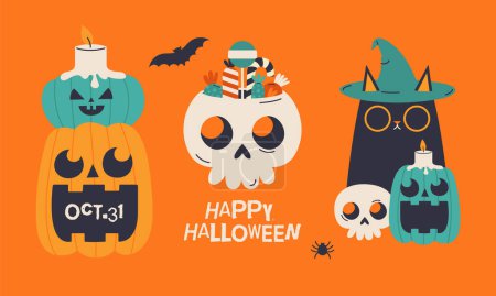Illustration for Creative set with vector cliparts for Halloween. Hand drawn stickers, badges with illustrations of skull, pumpkin, candle, candy, black cat, witch hat, spider, bat. Happy Halloween concept. - Royalty Free Image