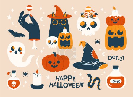 Illustration for Big set of Halloween cliparts. Vector illustrations in flat modern style. Cartoon stickers with black cat in witch hat, skull, pumpkins, candle, snake, ghost, hand with bone, candies, bat, spider. - Royalty Free Image