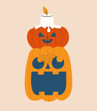 Illustration for Creative cartoon clipart for Halloween with evil pumpkins and candle. Cute hand drawn sticker, badge, label, illustration. Happy Halloween concept. - Royalty Free Image
