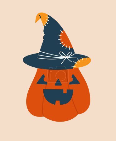 Illustration for Creative cartoon clipart for Halloween with evil pumpkin in witch hat. Cute hand drawn sticker, badge, label, illustration. Happy Halloween concept. - Royalty Free Image