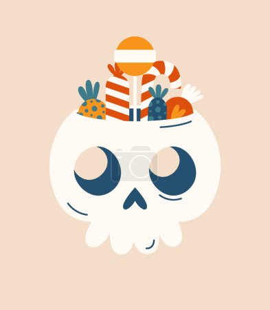 Illustration for Creative cartoon clipart for Halloween with a skull in which there are candies and lolipops, chupa chups. Cute hand drawn sticker, badge, label, illustration. Happy Halloween concept. - Royalty Free Image