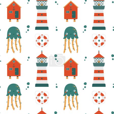 Illustration for Fancy seamless pattern with cute sea animal, jellyfish, lighthouse, beach house, buoy. Flat hand drawn summer background for wrapping paper, children merch, baby shower, fabric, textile, stickers - Royalty Free Image