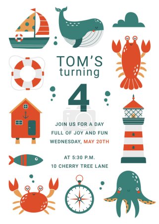 Illustration for Funny design of childish birthday party invitation with sea animals, lighthouse, crab, fish, octopus, compass, ship. Cute vector card with cartoon simple illustrations with text for baby shower. - Royalty Free Image