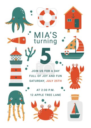 Illustration for Fancy design of childish birthday party invitation with sea animals, lighthouse, crab, fish, octopus, jellyfish, ship. Cute vector card with cartoon simple illustrations with text for baby shower. - Royalty Free Image