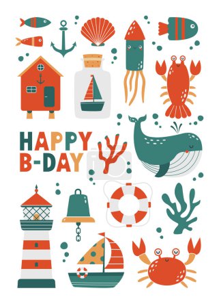 Illustration for Happy Birthday card template with sea animals, lighthouse, crab, fish, ship, whale, squid, octopus. Cute vector banner with cartoon simple illustrations with text for baby shower. - Royalty Free Image