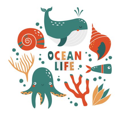 Illustration for Funny fancy design of childish banner, card with sea, ocean animal, whale, octopus, shellfish, algae, coral, fish. Cute vector template with cartoon simple illustrations with text "ocean life". - Royalty Free Image
