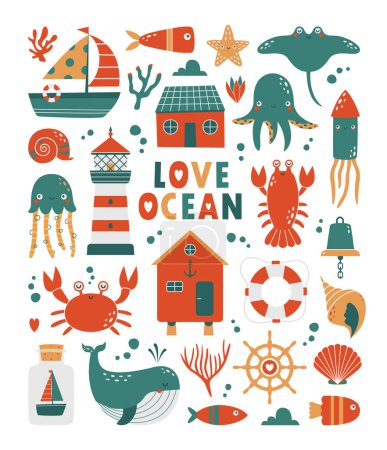 Téléchargez les illustrations : J'adore l'océan. Mignon clip arts collection enfantine, gravures avec des animaux de mer dans le style de dessin animé. Design plat. Autocollants pour enfants avec baleine, crabe, bateau, phare, pieuvre, crustacés, corail, étiquette. - en licence libre de droit