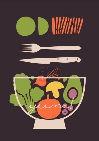 Illustration for Poster design with food, veggies, berries, bowl, fork, knife, slices, green pea, lettering. Vector clip art with kitchenware in flat style. Vegetarian, vegan concept for menu cafe. - Royalty Free Image