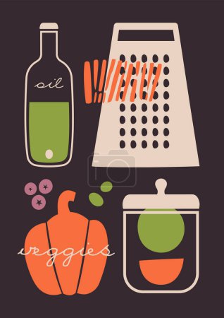 Illustration for Vector illustration with food, veggies, berries, bottle with oil, jar with slices, grater, green pea, lettering. Clip arts with kitchenware in flat style. Vegetarian, vegan concept for menu cafe. - Royalty Free Image