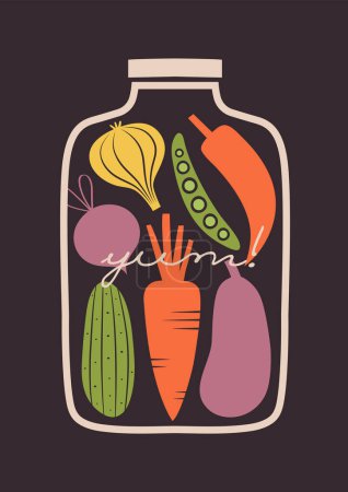 Illustration for Vector illustration of jar with fresh vegetables. Clip art with chili, garlic, beet, radish, cucumber, carrot, pea in flat style for vegetarian cafe, restaurant menu. Vegan concept. - Royalty Free Image