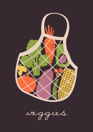 Illustration for Zero waste concept. Illustration of eco bag with vegetables, berries in flat style. Vector isolated clip art with carrot, avocado, broccoli, mushroom, pea, corn for vegetarian cafe, restaurant. - Royalty Free Image