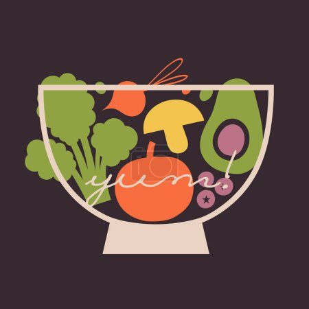 Illustration for Vector illustration of bowl with vegetables, berries, text "Yum!". Clip art with broccoli, avocado, tomato, radish, blueberry, pea in flat style for vegetarian cafe, restaurant menu. Vegan concept. - Royalty Free Image