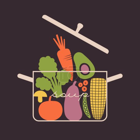 Illustration for Vector isolated illustration of vegetarian soup of veggies in minimal pan. Flat clip art with vegetables, berries, mushroom, avocado, eggplant, corn, tomato. Healthy nutrition concept for vegan merch. - Royalty Free Image