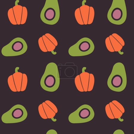 Illustration for Vegetable seamless pattern with illustrations of avocado, paprika. Simple healthy food background with veggies for vegan menu, vegetarian merch, wrapping paper, fabric, wallpaper, packaging. - Royalty Free Image