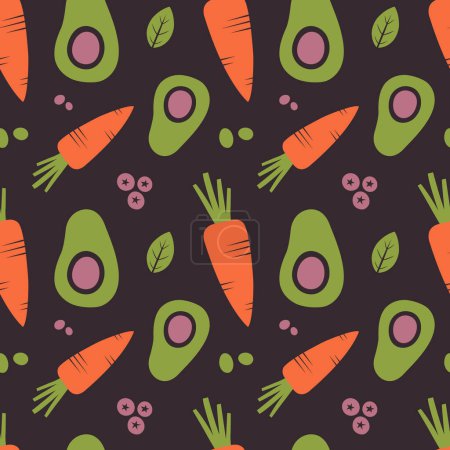 Illustration for Vegetable seamless pattern with illustrations of avocado, carrot, berries. Simple healthy food background with veggies for vegan menu, vegetarian merch, wrapping paper, fabric, wallpaper, packaging. - Royalty Free Image