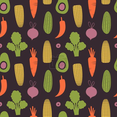 Illustration for Vegetable seamless pattern with illustrations of avocado, carrot, beet. Simple healthy food background with veggies for vegan menu, vegetarian merch, wrapping paper, fabric, wallpaper, packaging. - Royalty Free Image