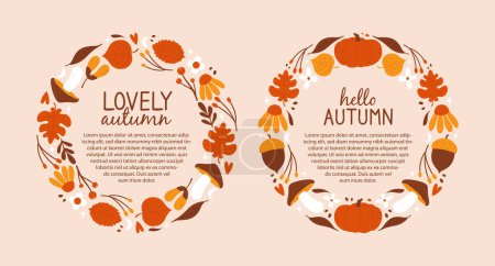 Illustration for Set of autumn banners templates with lettering and text. Decorative vector frames of cute autumnal elements, pumpkins, mushrooms, leaves, flowers, berries, plants. Autumn sale banners. - Royalty Free Image