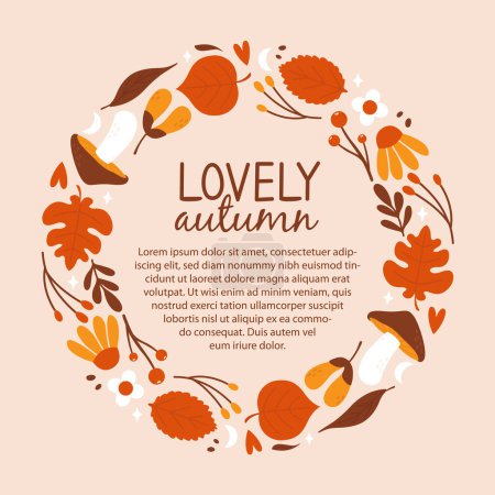 Illustration for Autumn square banner template with autumnal frame of cute illustrations with leaves, berries, flowers, stars, hearts, seeds, mushrooms. Vector card design in flat cartoon style. Hello fall concept. - Royalty Free Image