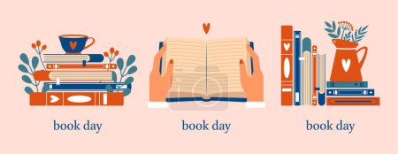 Illustration for World Book Day. Cute set of clip arts with stack of books, cup, plants, leaves, berries, jug, text. Vector illustrations in modern trendy flat style. For stickers, banners, cards, posters. - Royalty Free Image