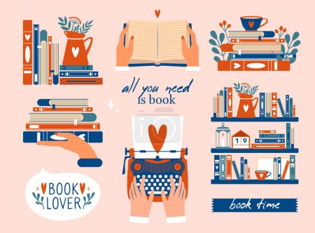 Illustration for Big creative set illustrations for World Book Day. Collection cute cozy clip art with books, stack of book, typewriter, hands, bookshelf, labels, typography, cup, plants, flowers. Book lover concept. - Royalty Free Image