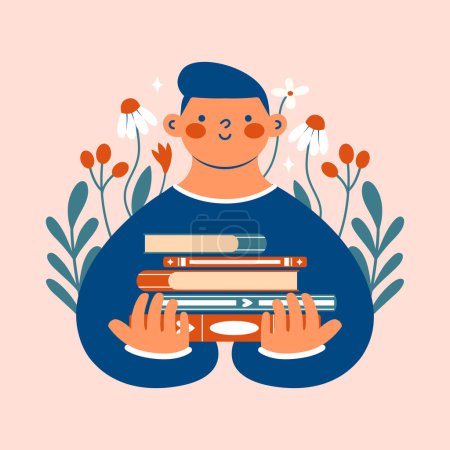 Illustration for Hand drawn illustration with boy who holding stack of books. Vector cute clip art with young man, literature, plants, flowers, berries. Love for education, reading literature. Book Lover. - Royalty Free Image