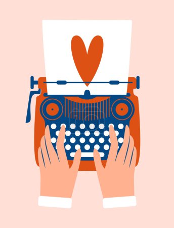 Illustration for Hands typing on keyboard of typewriter machine. Cute cartoon vintage device, love letter, mail, sheet of paper with red heart. Creative Valentine's Day card template with cute hand drawn illustration. - Royalty Free Image