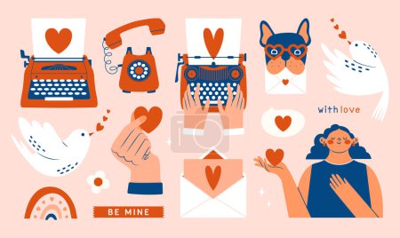 Illustration for Love mail set. Cute cliparts for Valentine's Day card, planner sticker, notes. Modern colorful illustration with vintage typewriter, phone, women holding heart, dove, birdie, letter, french bulldog. - Royalty Free Image