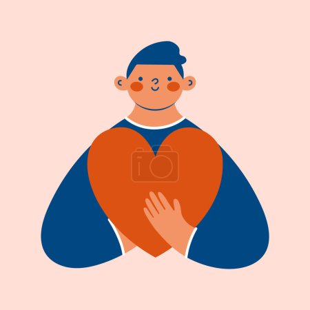 Illustration for Man volunteer with big heart in hands. Cute cartoon clip art in flat style with boy activist. Volunteering, supporting, humanism, charity conception. International charity day card. - Royalty Free Image