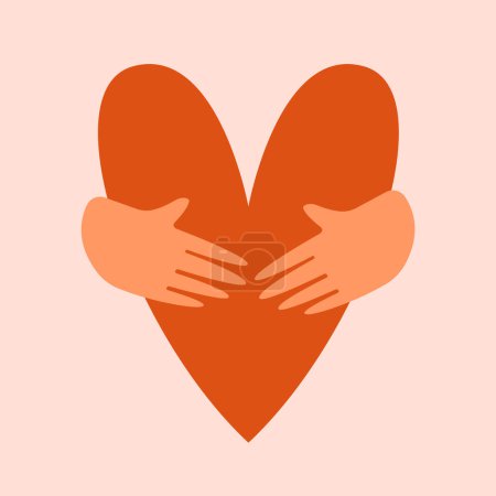 Illustration for Hands hugging big red heart. Cute cartoon clip art in flat modern style. Hand drawn modern vector illustration. Kindness, support, self-care, volunteering, humanism concept. - Royalty Free Image