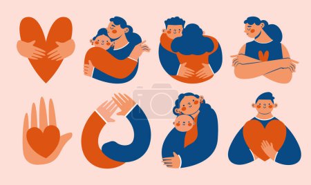 Illustration for Abstract cute illustrations with friends, mother and child, lovers, persons are standing, hugging, posing together. Hand drawn cartoon characters. Togetherness, friendship, motherhood concept. - Royalty Free Image
