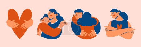 Illustration for Set of abstract cute illustrations with friends, mother and child, lovers, persons are standing, hugging, posing together. Hand drawn cartoon characters. Togetherness, friendship, motherhood concept. - Royalty Free Image
