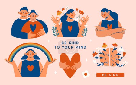 Illustration for Hand drawn set of vector illustrations about mental health support with hugging people, young persons, hands, heart, rainbow, brain, flowers, labels. Modern minimal clip arts with funny characters. - Royalty Free Image