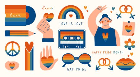 Illustration for Vector set of LGBTQ community symbols with girl showing peace sign, vinyl record, cassette tape, hands gestures. Pride month stickers. LGBT flat style icons collection. Gay parade groovy celebration. - Royalty Free Image