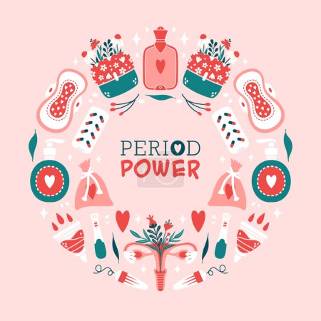 Illustration for Round banner template for menstrual period. Period power. Card about woman period, female hygiene products, accessories, pad, tampon, menstrual cup, reproductive system, blood, heart, heating pad. - Royalty Free Image